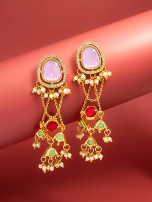 wedding wear kundan purple stone chandelier earrings with multicolor jhumki drops 1