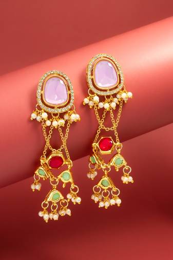 wedding wear kundan purple stone chandelier earrings with multicolor jhumki drops
