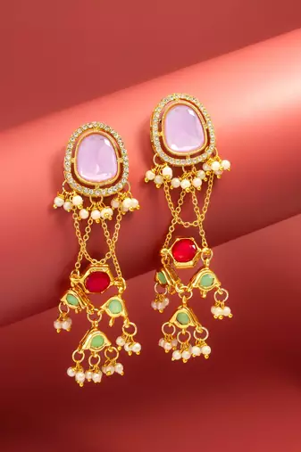 wedding wear kundan purple stone chandelier earrings with multicolor jhumki drops