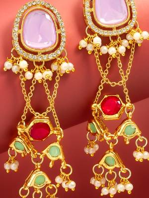 wedding wear kundan purple stone chandelier earrings with multicolor jhumki drops 2