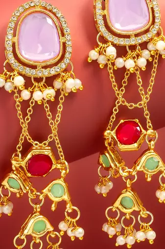 wedding wear kundan purple stone chandelier earrings with multicolor jhumki drops