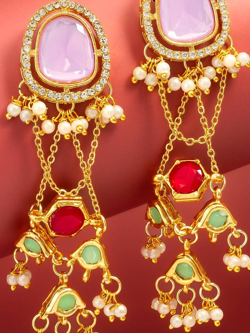 wedding wear kundan purple stone chandelier earrings with multicolor jhumki drops