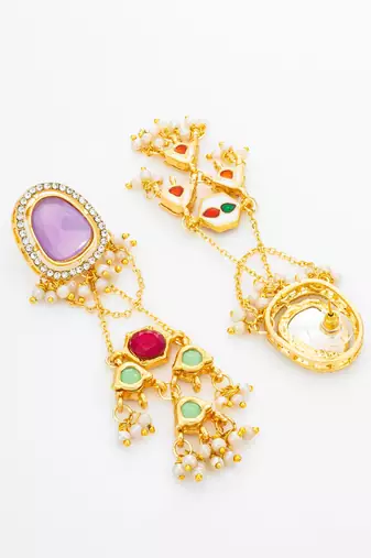 wedding wear kundan purple stone chandelier earrings with multicolor jhumki drops