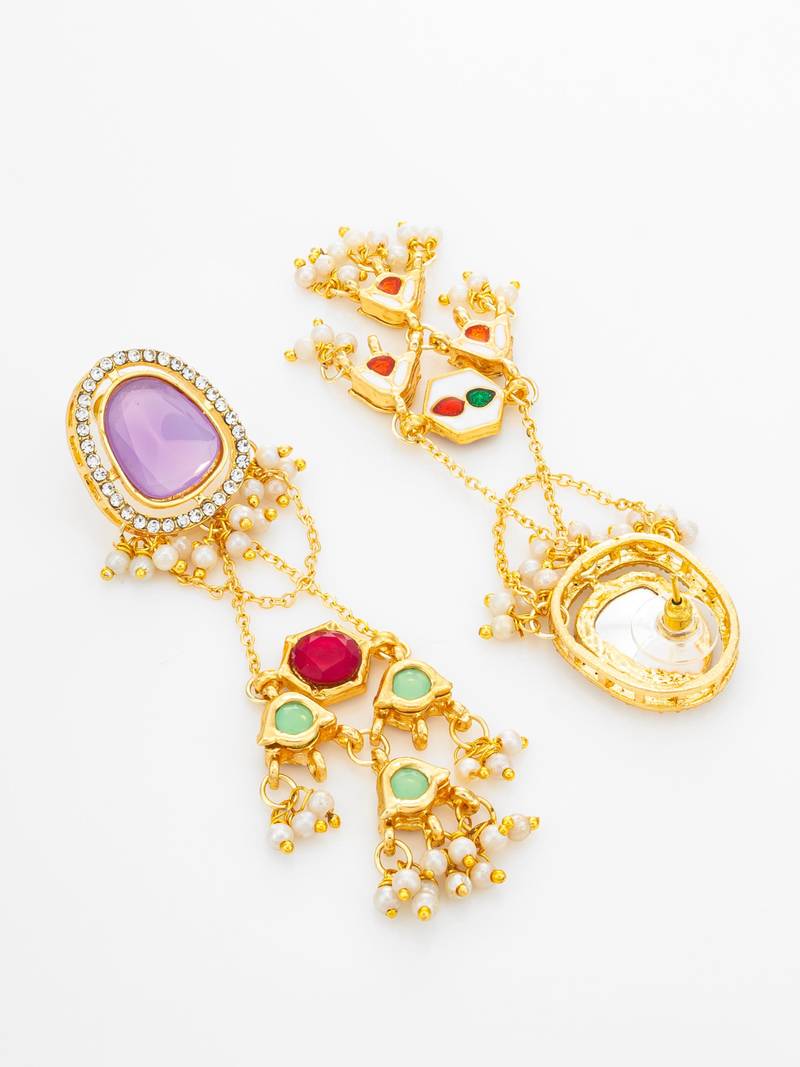 wedding wear kundan purple stone chandelier earrings with multicolor jhumki drops