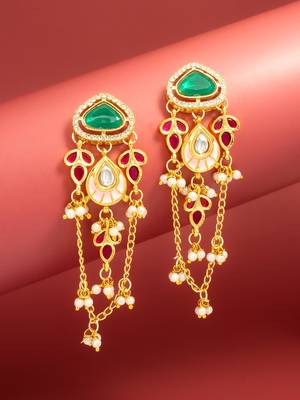 kundan green stone chandelier earrings with pink enamel pendant 1