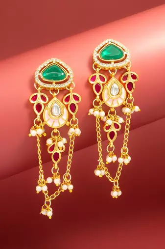 kundan green stone chandelier earrings with pink enamel pendant
