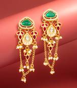 kundan green stone chandelier earrings with pink enamel pendant