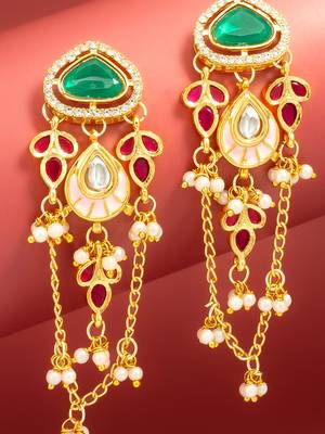 kundan green stone chandelier earrings with pink enamel pendant 2