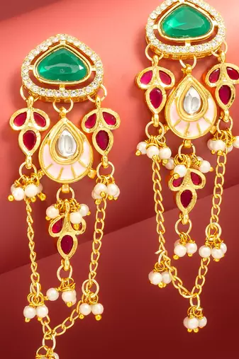 kundan green stone chandelier earrings with pink enamel pendant