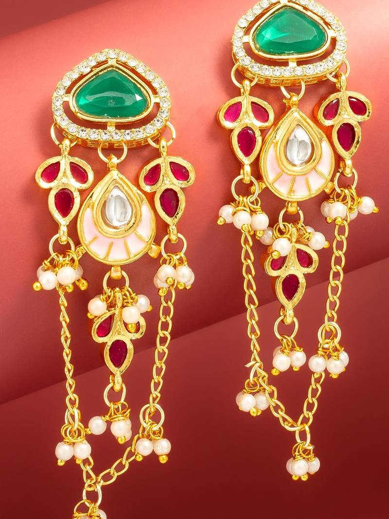 kundan green stone chandelier earrings with pink enamel pendant