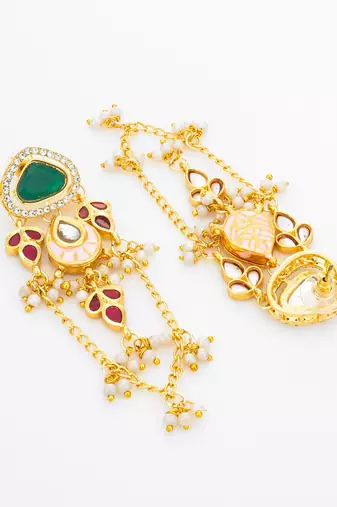 kundan green stone chandelier earrings with pink enamel pendant