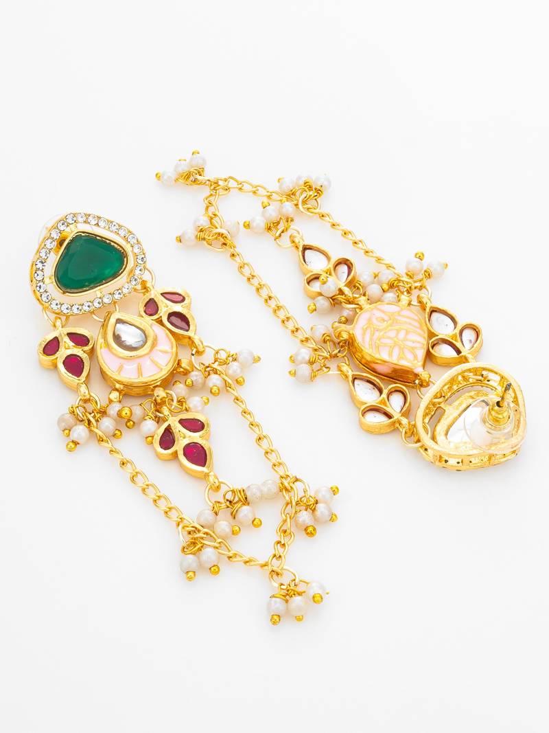 kundan green stone chandelier earrings with pink enamel pendant