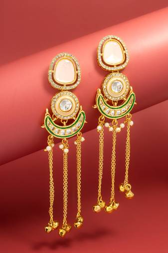 presents kundan peach stone chandbali style earrings with ghungroo tassels
