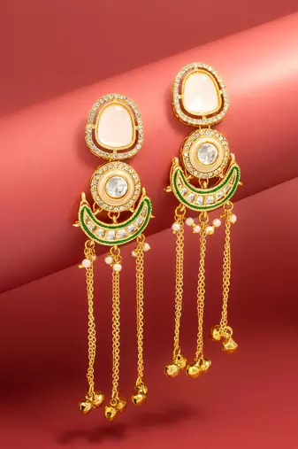 presents kundan peach stone chandbali style earrings with ghungroo tassels
