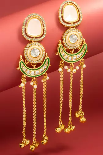 presents kundan peach stone chandbali style earrings with ghungroo tassels