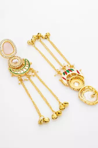 presents kundan peach stone chandbali style earrings with ghungroo tassels