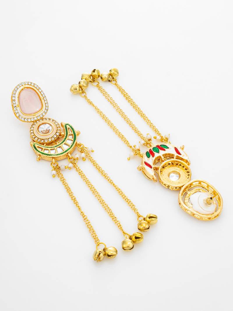 presents kundan peach stone chandbali style earrings with ghungroo tassels