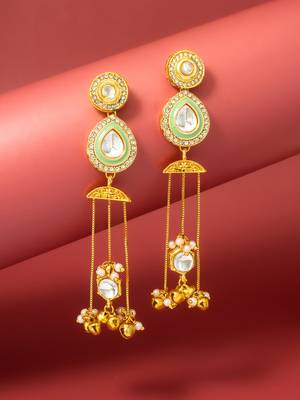kundan green teardrop chandelier earrings with ghungroo tassels 1