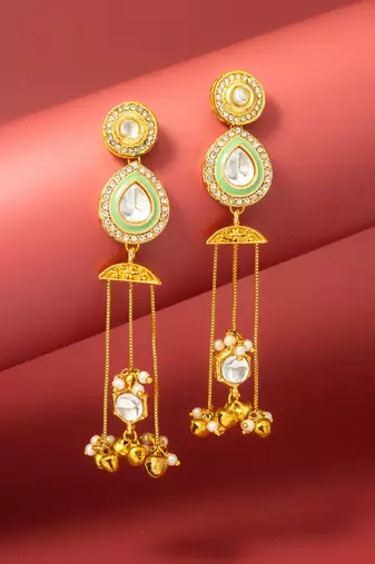 kundan green teardrop chandelier earrings with ghungroo tassels