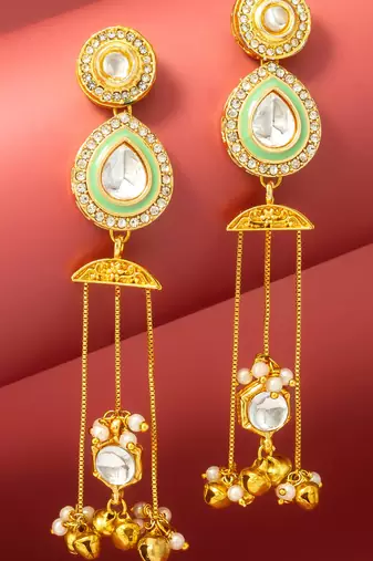 kundan green teardrop chandelier earrings with ghungroo tassels
