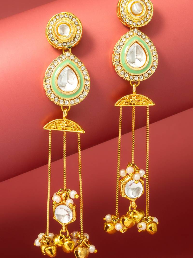 kundan green teardrop chandelier earrings with ghungroo tassels