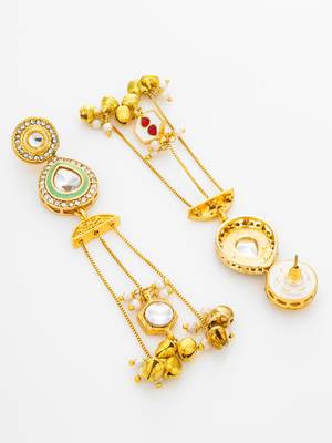 kundan green teardrop chandelier earrings with ghungroo tassels 3