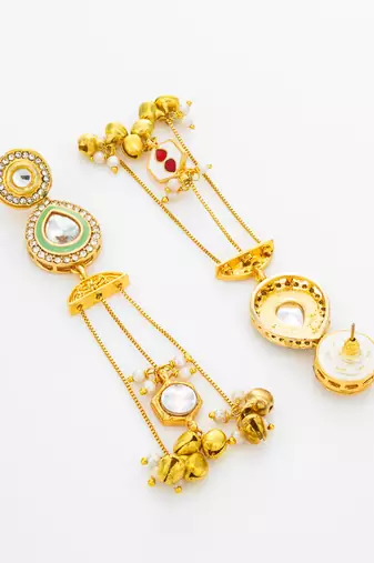 kundan green teardrop chandelier earrings with ghungroo tassels