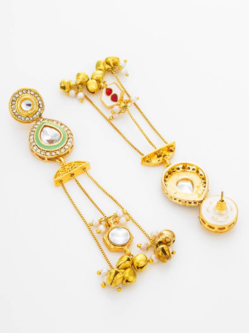 kundan green teardrop chandelier earrings with ghungroo tassels
