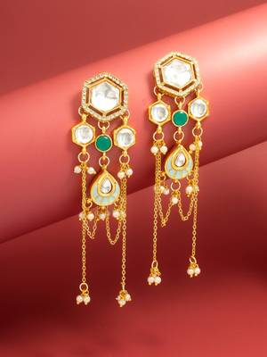 bridal wear kundan hexagon chandelier earrings with turquoise enamel pendant 1