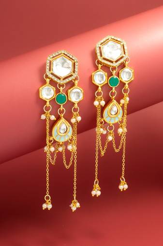 bridal wear kundan hexagon chandelier earrings with turquoise enamel pendant
