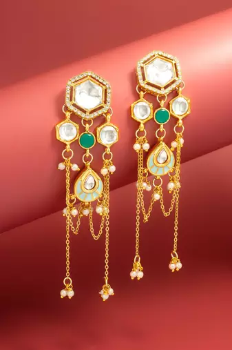 bridal wear kundan hexagon chandelier earrings with turquoise enamel pendant