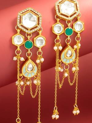 bridal wear kundan hexagon chandelier earrings with turquoise enamel pendant 2