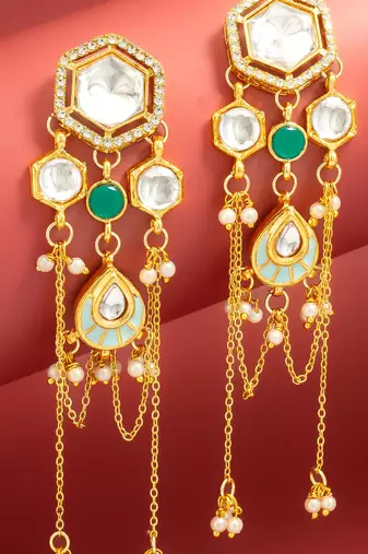 bridal wear kundan hexagon chandelier earrings with turquoise enamel pendant
