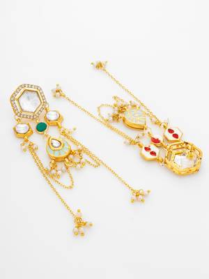 bridal wear kundan hexagon chandelier earrings with turquoise enamel pendant 3