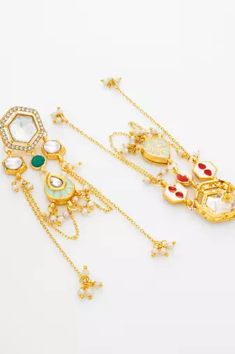 bridal wear kundan hexagon chandelier earrings with turquoise enamel pendant