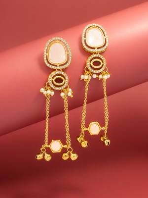 kundan peach stone chandelier earrings with layered chain drops for party wear 1