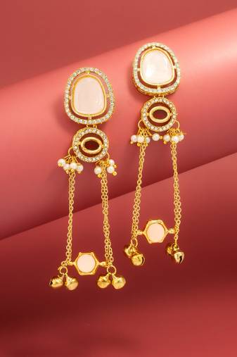 kundan peach stone chandelier earrings with layered chain drops for party wear
