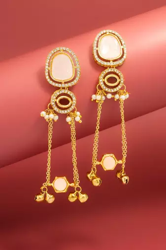 kundan peach stone chandelier earrings with layered chain drops for party wear