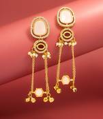 kundan peach stone chandelier earrings with layered chain drops for party wear