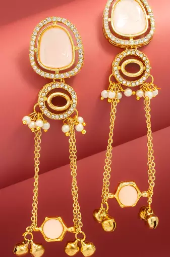 kundan peach stone chandelier earrings with layered chain drops for party wear