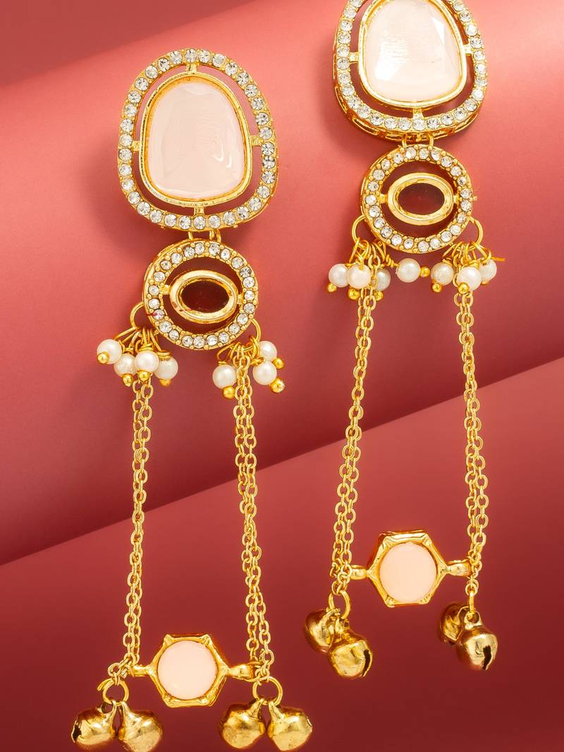 kundan peach stone chandelier earrings with layered chain drops for party wear