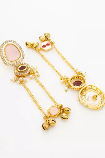 kundan peach stone chandelier earrings with layered chain drops for party wear