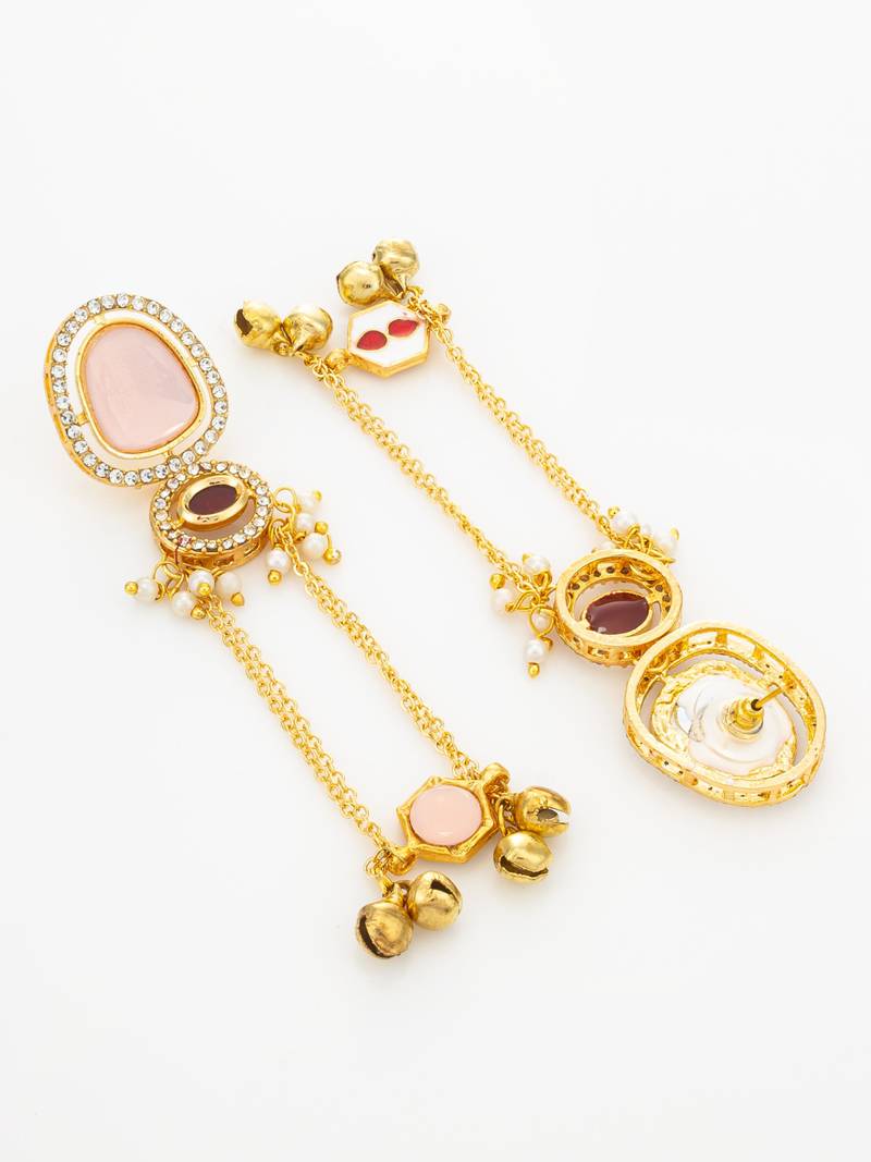 kundan peach stone chandelier earrings with layered chain drops for party wear