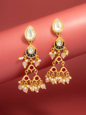 presents kundan navy enamel tiered chandelier earrings with peach bead drops 1