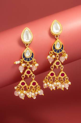 presents kundan navy enamel tiered chandelier earrings with peach bead drops