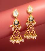 presents kundan navy enamel tiered chandelier earrings with peach bead drops