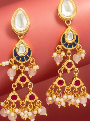 presents kundan navy enamel tiered chandelier earrings with peach bead drops 2