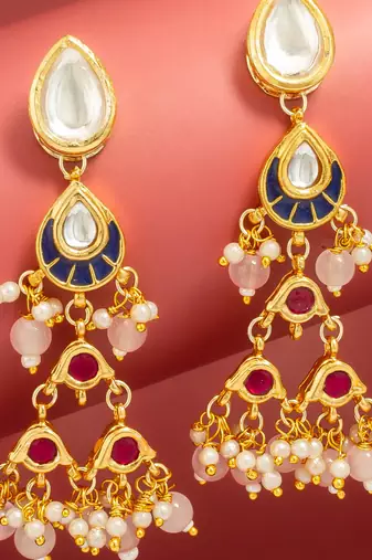 presents kundan navy enamel tiered chandelier earrings with peach bead drops