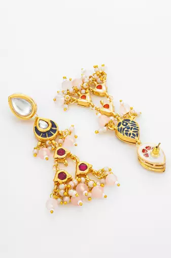 presents kundan navy enamel tiered chandelier earrings with peach bead drops