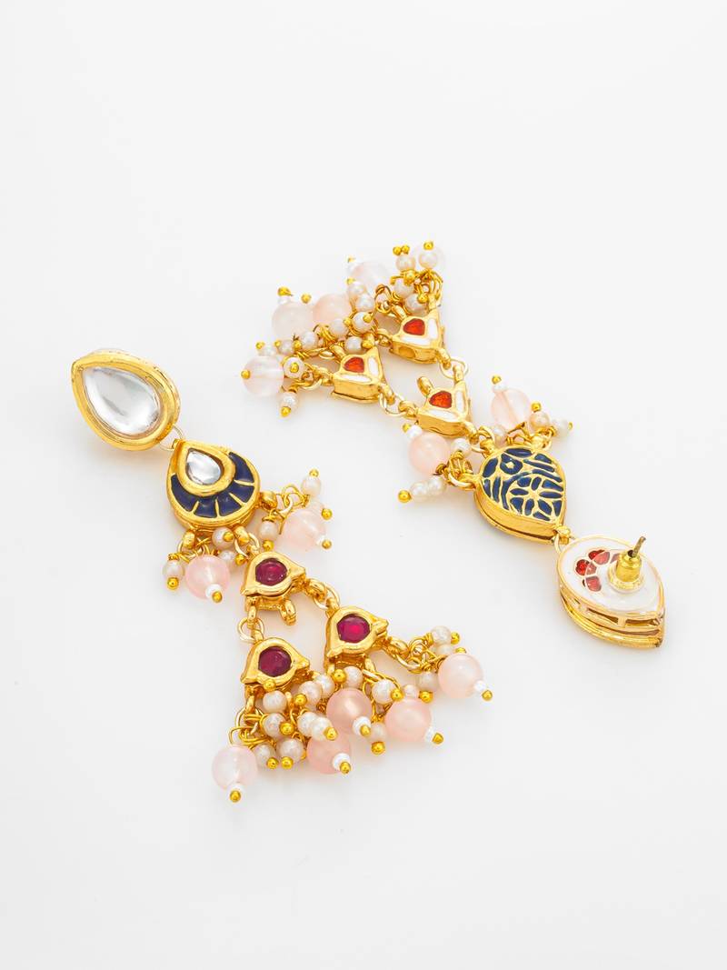 presents kundan navy enamel tiered chandelier earrings with peach bead drops
